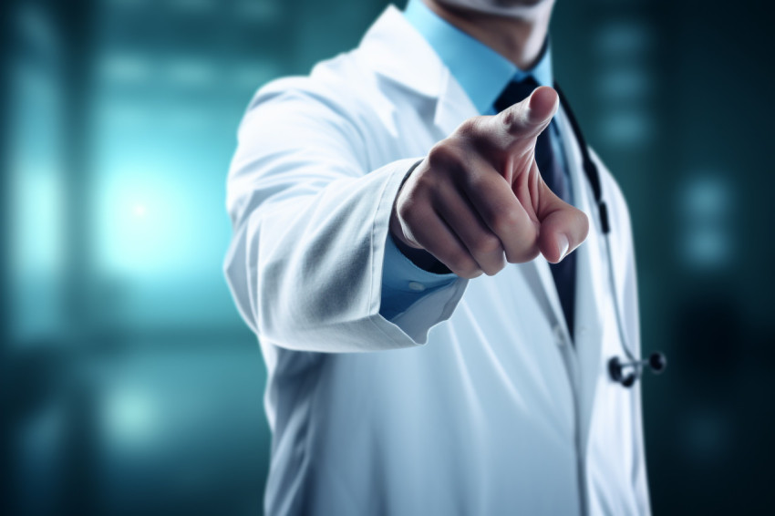 Doctor pointing to a blue hand pointing stock photo, Health and Medical stock image