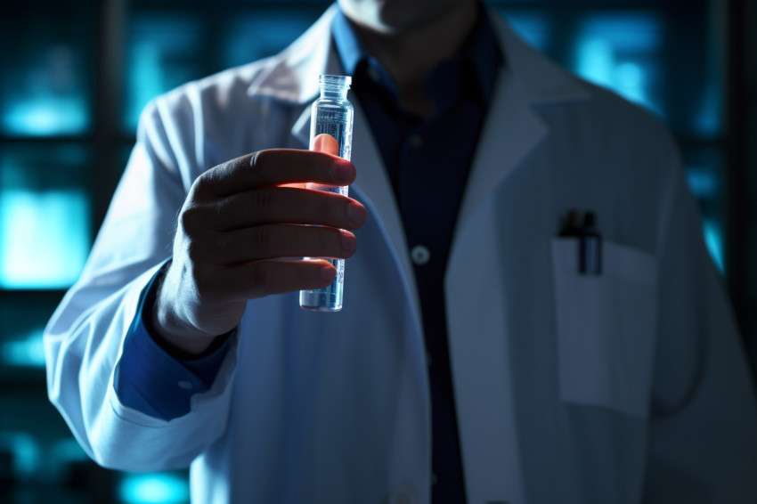 A doctor in white coat is pointing to medicine bottle, Health and Medical stock image