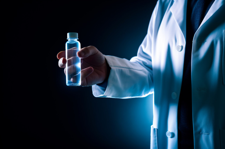 A doctor in white coat is pointing to medicine bottle, Health and Medical stock image