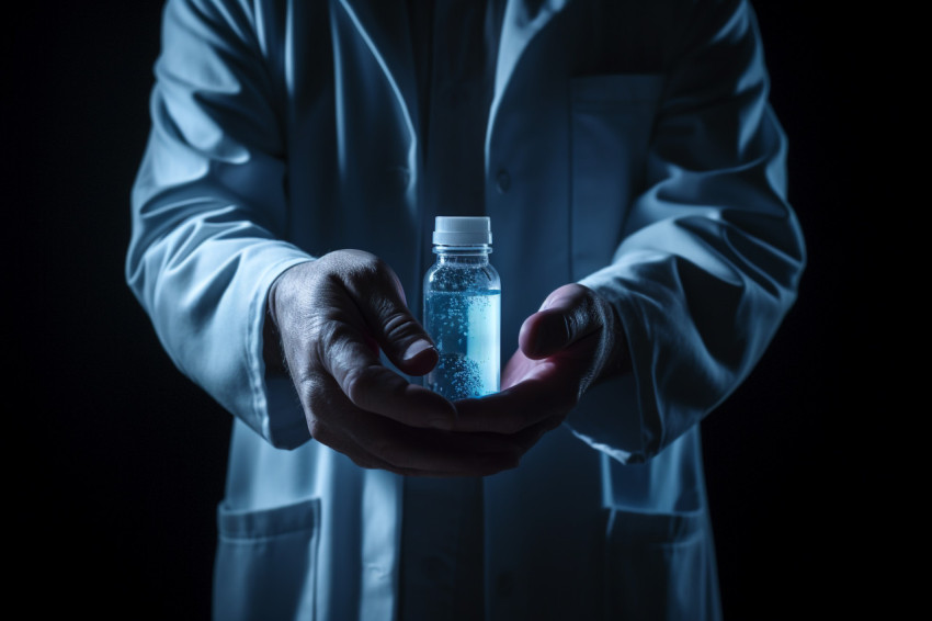 A doctor in white coat is pointing to medicine bottle, Health and Medical stock image