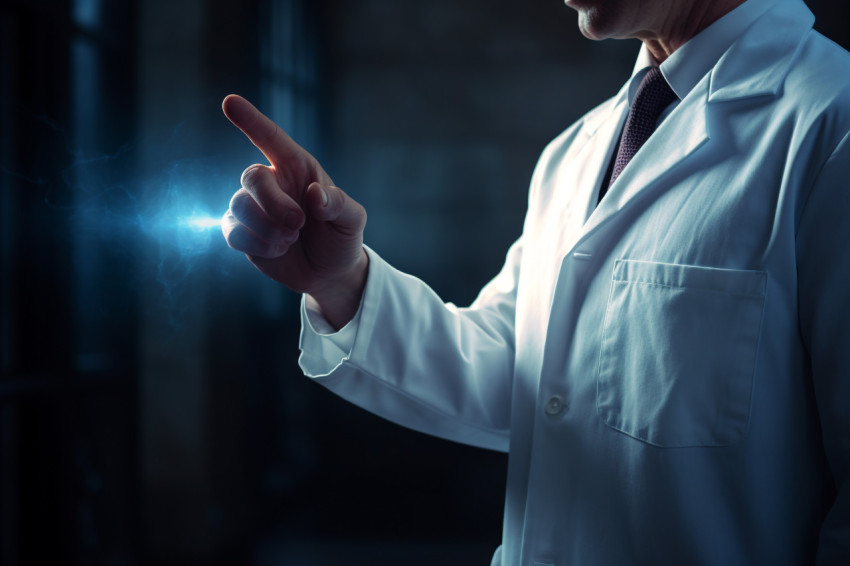 Doctor in white coat holding finger, Health and Medical stock image