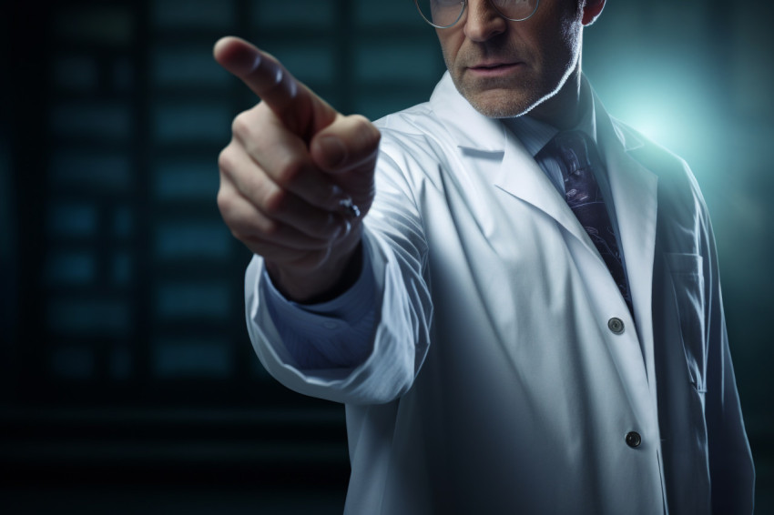 Doctor in white coat holding finger, Health and Medical stock image