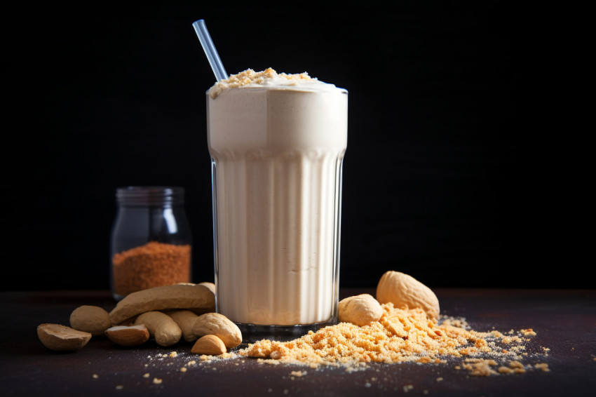 A photo of a Peanut butter milkshake, beverage advertisement photography inspiration