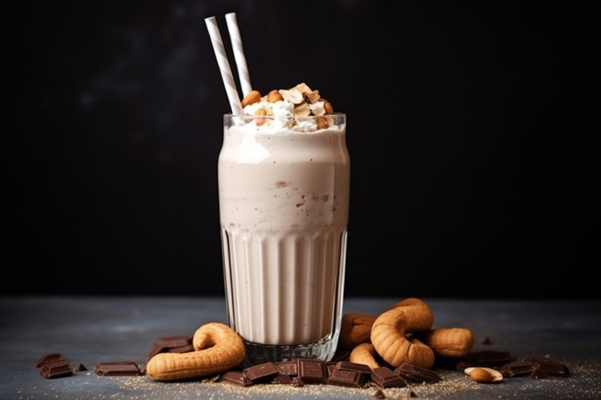 A photo of a Peanut butter milkshake, beverage advertisement photography inspiration