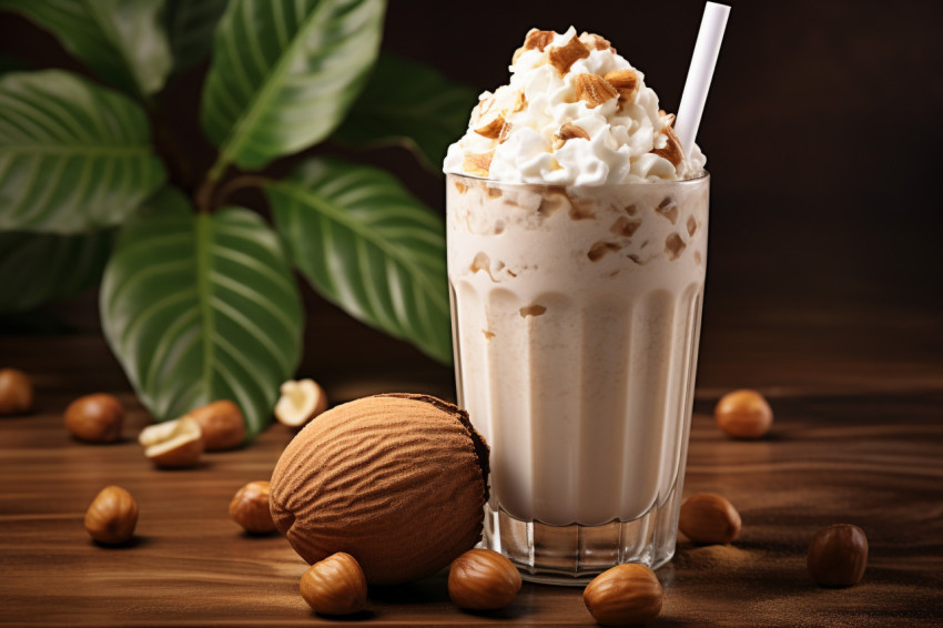 A photo of a Hazelnut milkshake, beverage advertisement photography inspiration