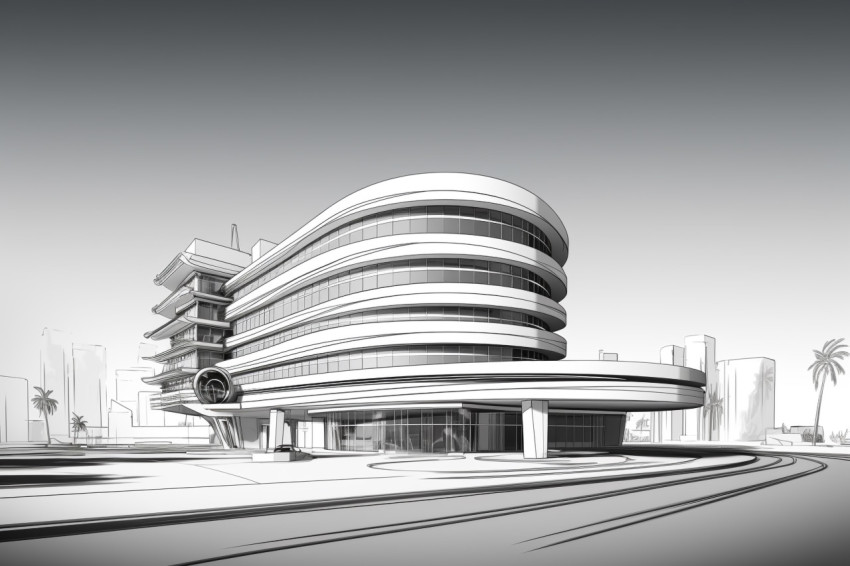 3d drawing of a modern building in a city, architecture stock photo