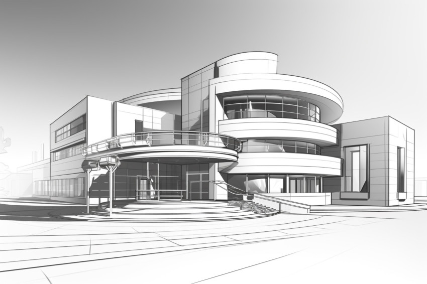 3d drawing of a modern building in a city, architecture stock photo