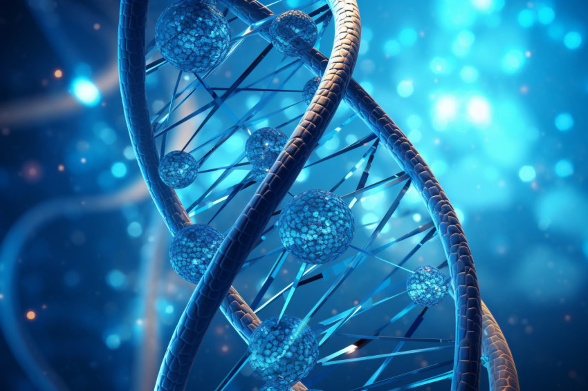 A photo of a human helix DNA structure blue color, healthcare stock image