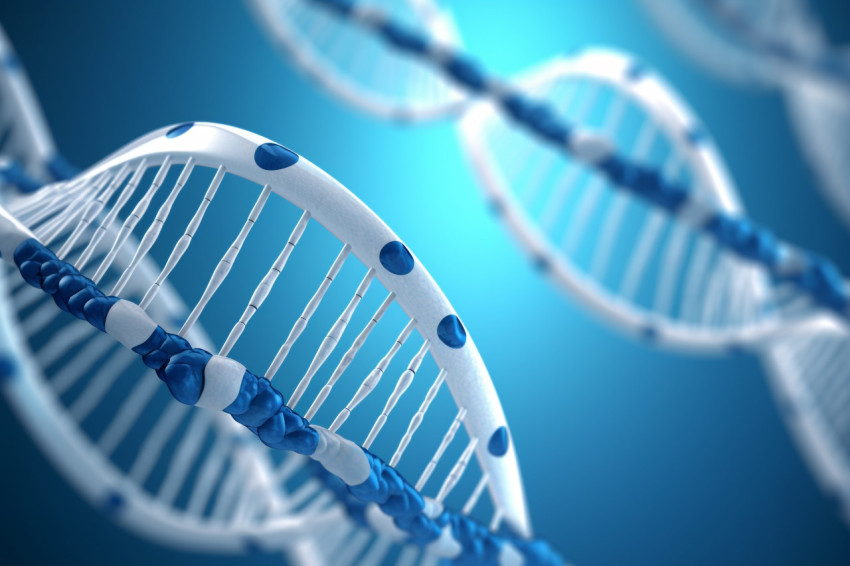 A photo of a blue and white dna chain, healthcare stock image