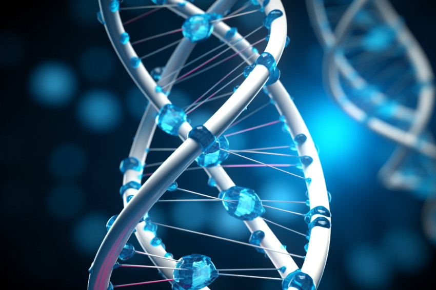 A photo of a blue and white dna chain, healthcare stock image