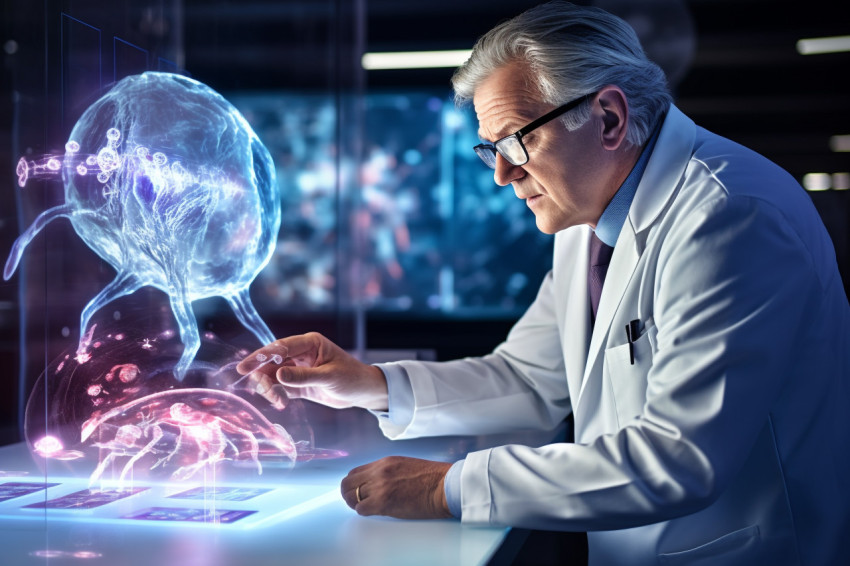 A photo of a medicine in future mobile tablet touchscreen nanotechnology and hologram innovation genetic engineering doctor using digital medical futuristic interface healthcare and wellness, healthcare stock image