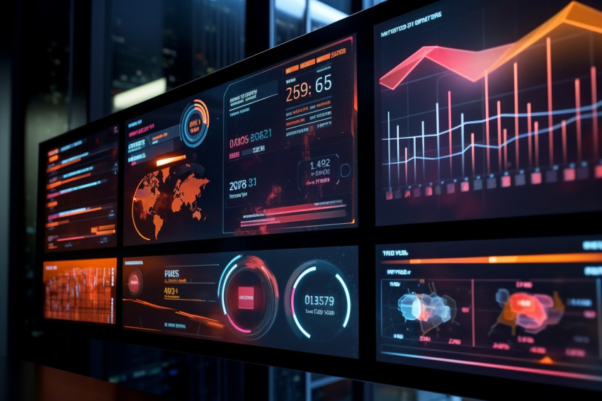 A photo of a futuristic interface with charts and graphs, finance stock photo