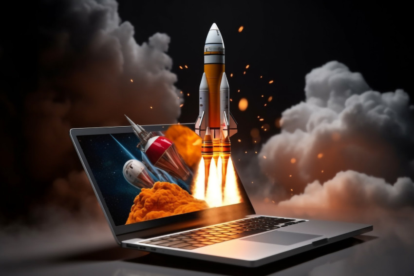 A photo of a digital seo laptop with a rocket taking off Concept of earning money online working in digital business entrepreneurshipcryptocurrency investment digital marketing, finance stock photo