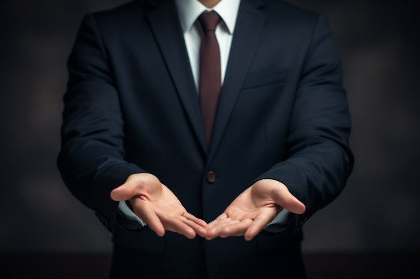 A businessman in suit is showing his hands, seo stock images for marketing campaigns