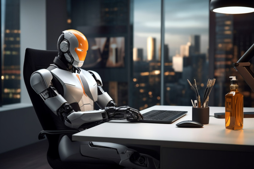 A photo of a 3d rendering humanoid robot working in modern office with computer on table, finance stock photo