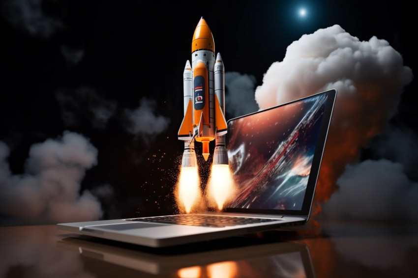 A photo of a digital seo laptop with a rocket, finance stock photo