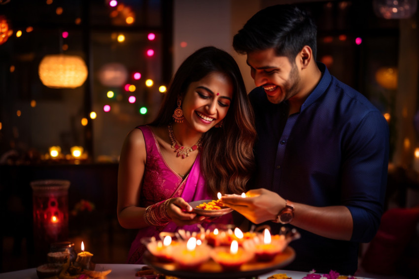 A picture of two people enjoying Diwali and looking very happy