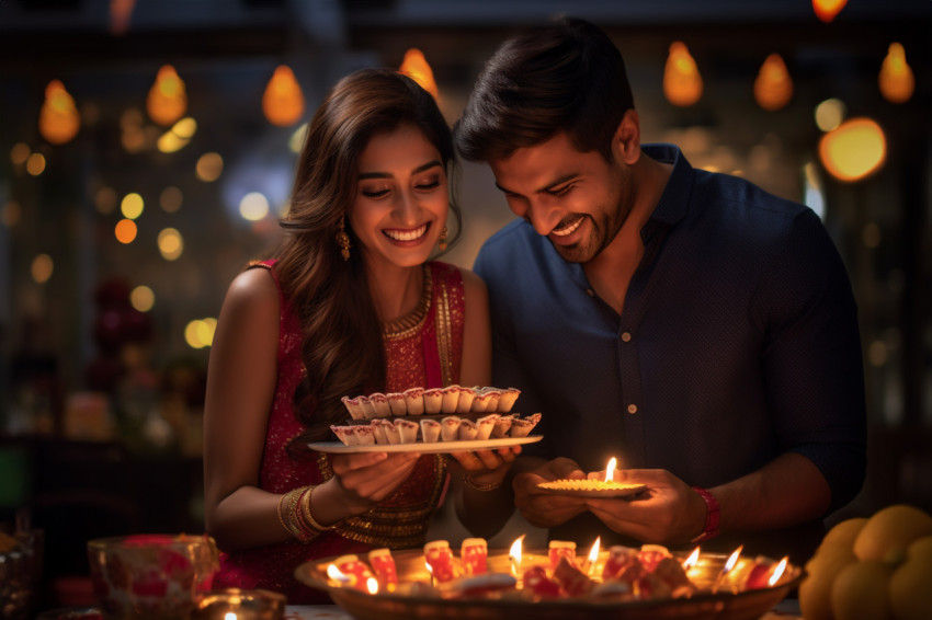 A picture of two people enjoying Diwali and looking very happy