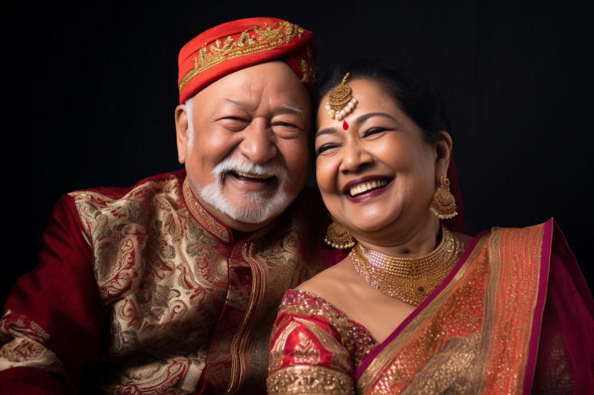 A picture of an old Indian couple who are happy and wearing trad