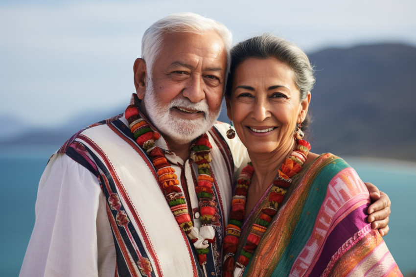 A picture of an old Indian couple who are happy and wearing trad