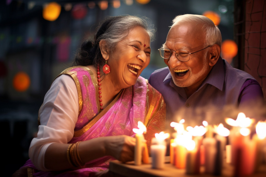 A picture of an old couple having a lot of fun celebrating Diwal