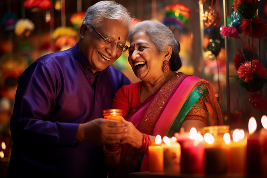 A picture of an old couple having a lot of fun celebrating Diwal