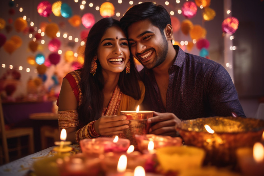 A picture of a happy young couple celebrating Diwali