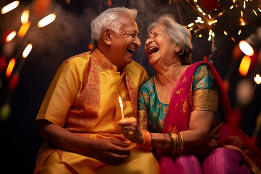 A picture of an old couple having a lot of fun celebrating Diwal