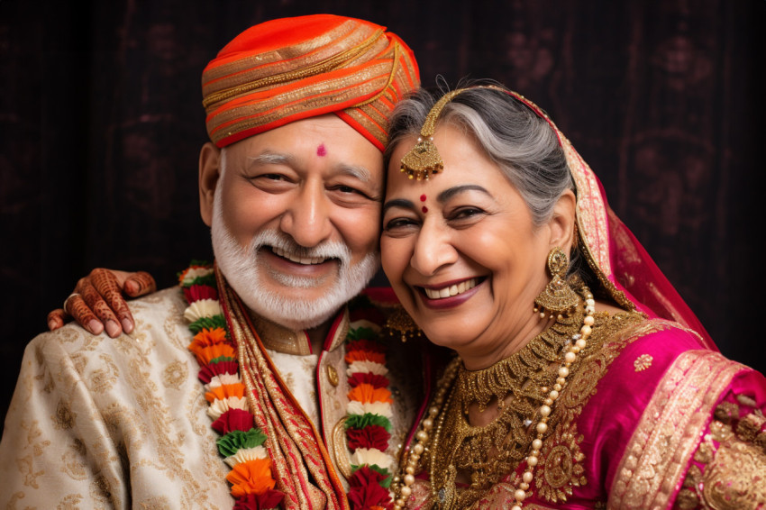 A picture of an old Indian couple who are happy and wearing trad