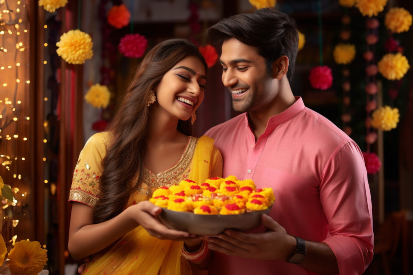 A photo of a beautiful Indian couple in traditional clothes cele