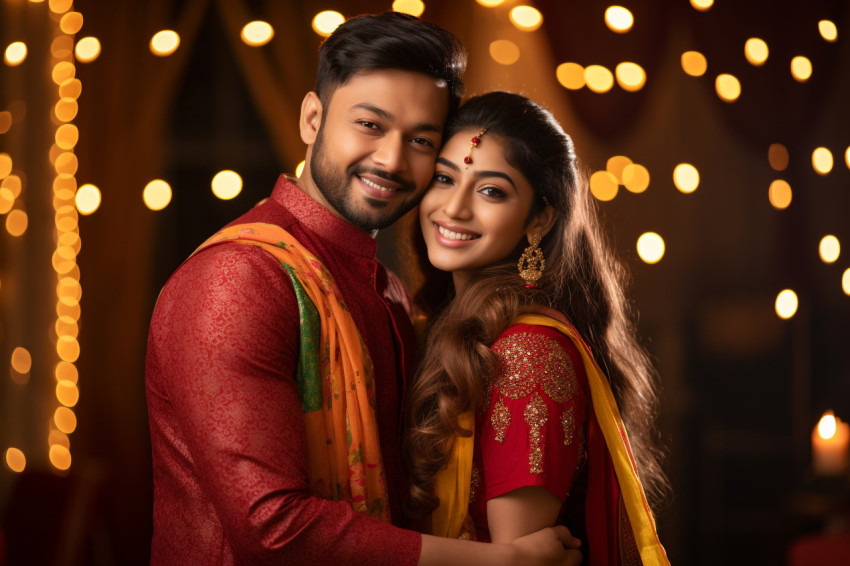 A photo of a happy Indian couple in traditional clothing hugging