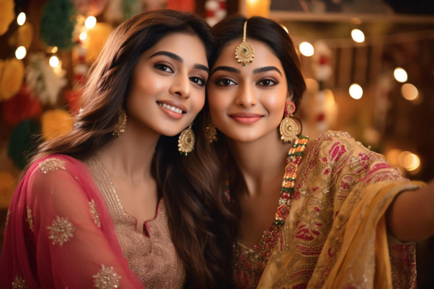 Two beautiful Indian women in traditional clothes taking a selfi