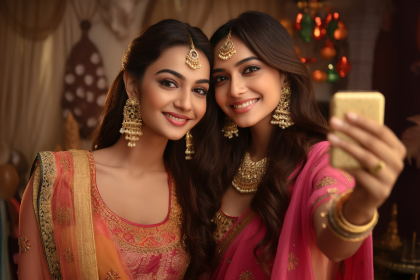 Two beautiful Indian women in traditional clothes taking a selfi