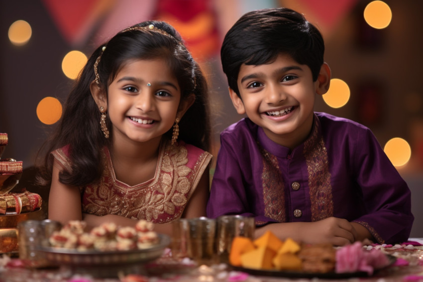 A picture of young brother and sister celebrating the Indian fes