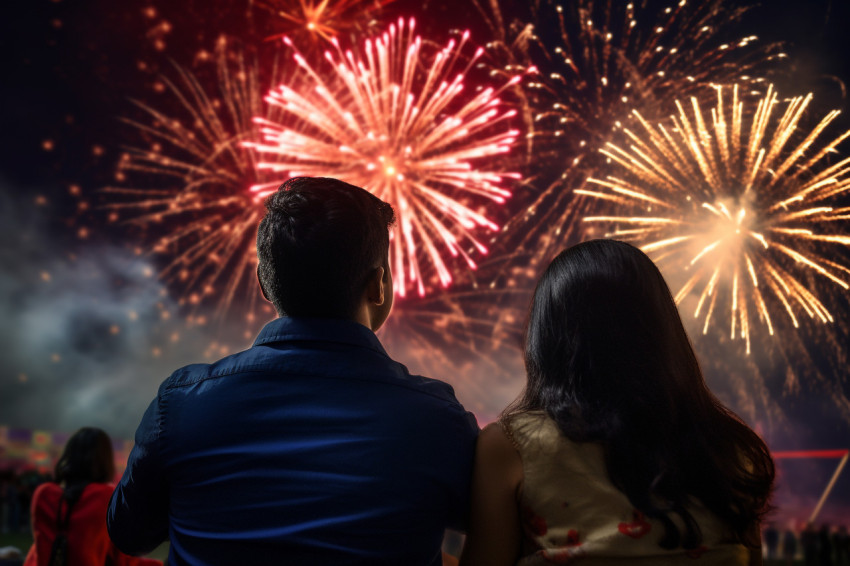 A picture of people watching fireworks and celebrating the India