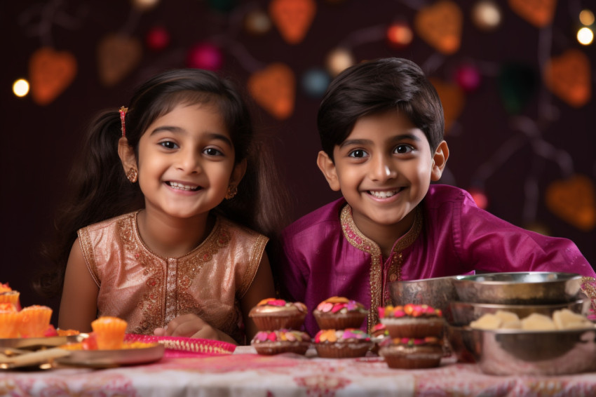 A picture of young brother and sister celebrating the Indian fes