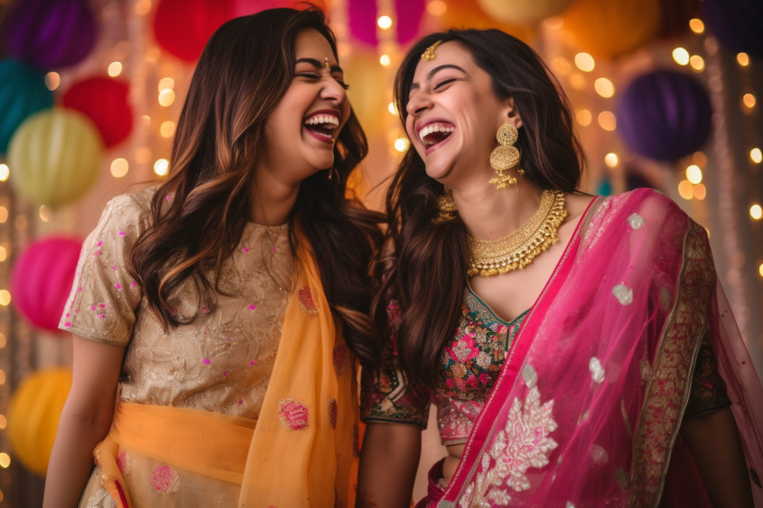 A photo of two beautiful Indian women in festive clothing laughi