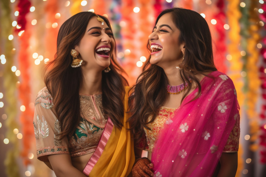 A photo of two beautiful Indian women in festive clothing laughi