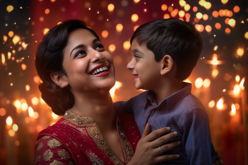 A picture of an Indian mom and her son celebrating the festival