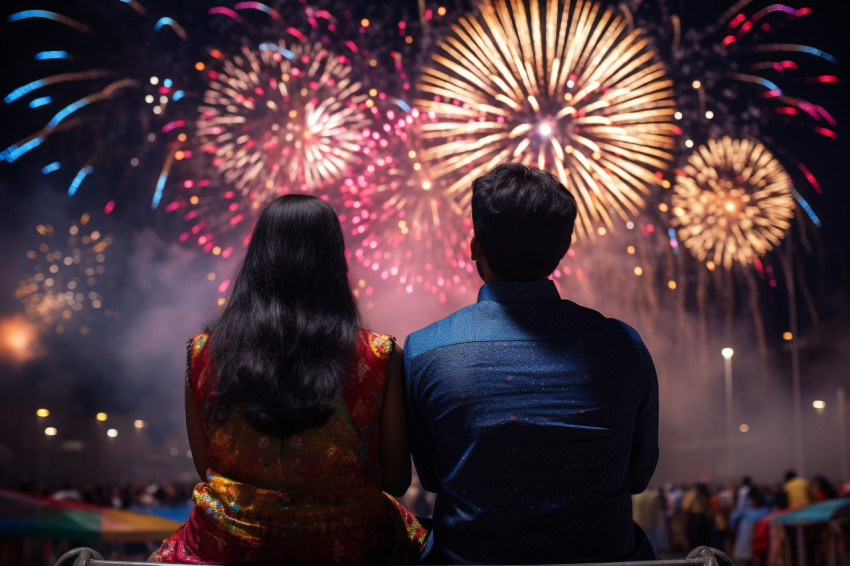 A picture of people watching fireworks and celebrating the India