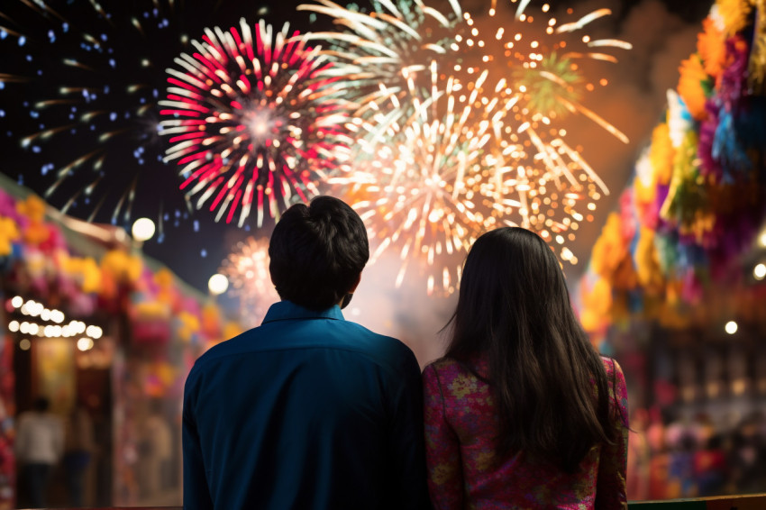 A picture of people watching fireworks and celebrating the India