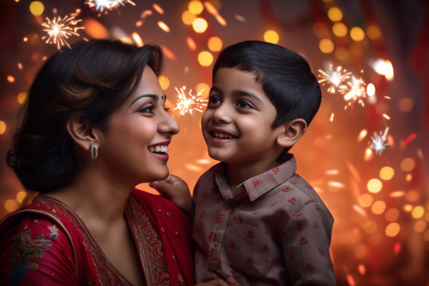 A picture of an Indian mom and her son celebrating the festival