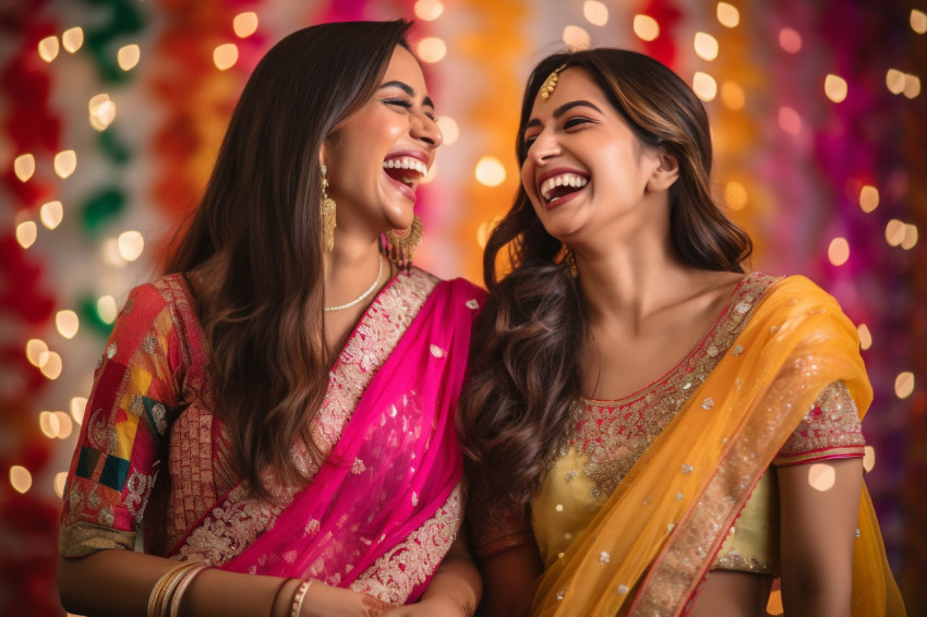 A photo of two beautiful Indian women in festive clothing laughi