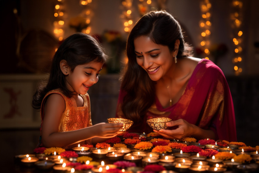 A picture of a mother and daughter lighting oil lamps together o