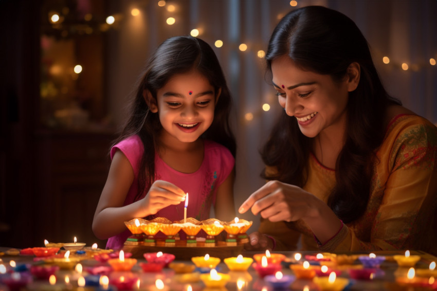 A picture of a mother and daughter lighting oil lamps together o