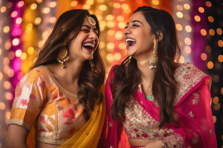 A photo of two beautiful Indian women in festive clothing laughing