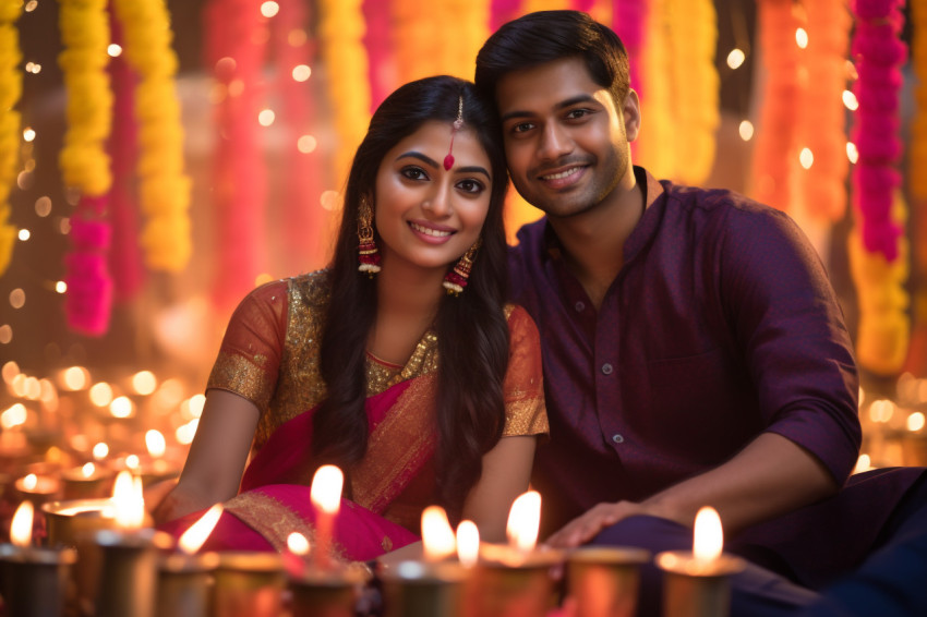 A picture of a young Indian couple sitting close together during