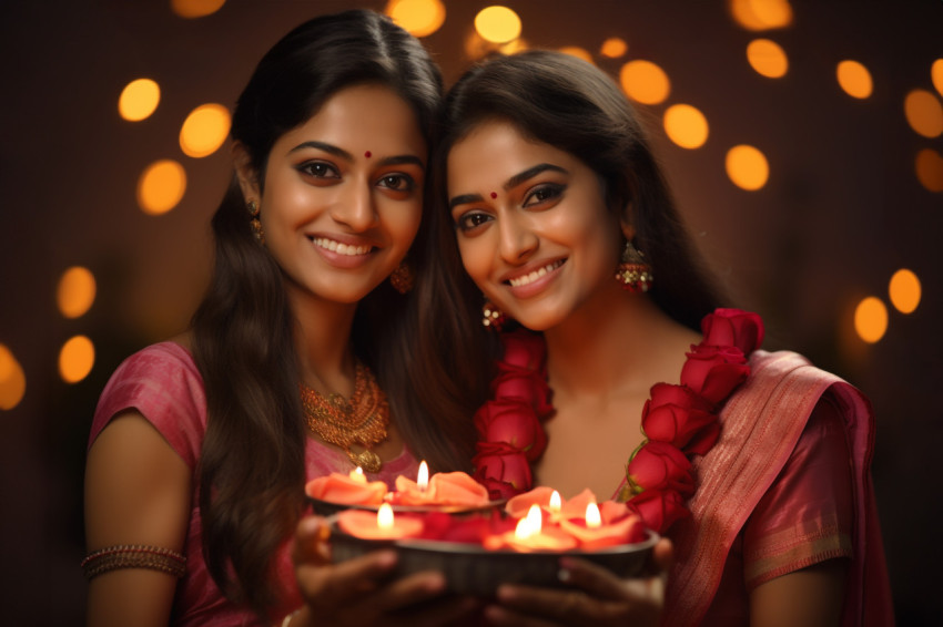 Picture of two smiling sisters with lamps and rose petals on Diw