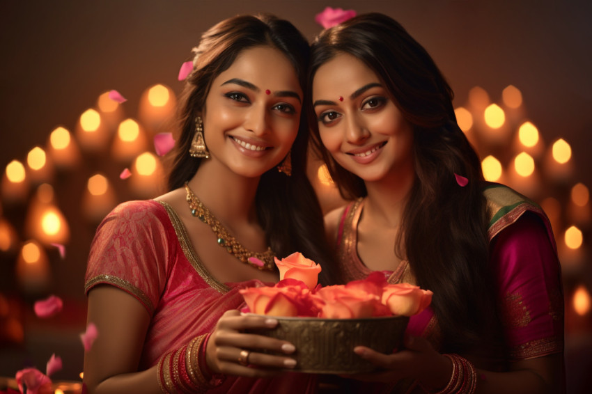 Picture of two smiling sisters with lamps and rose petals on Diw