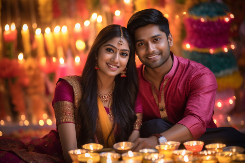 A picture of a young Indian couple sitting close together during